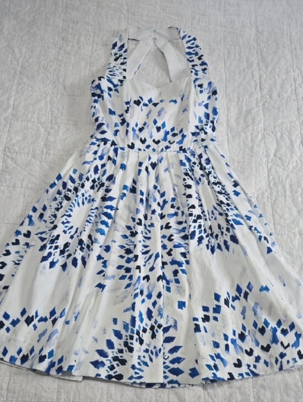 Blue Patterned White Halter Dress